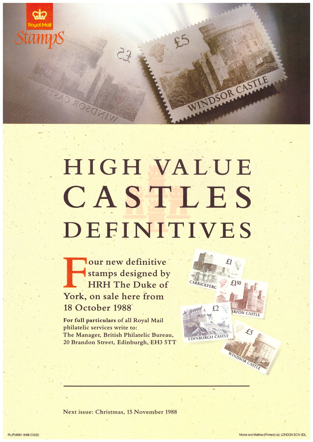 (image for) 1988 Castle Definitives Post Office A4 poster. PL(P)3591 9/88 CG(E).